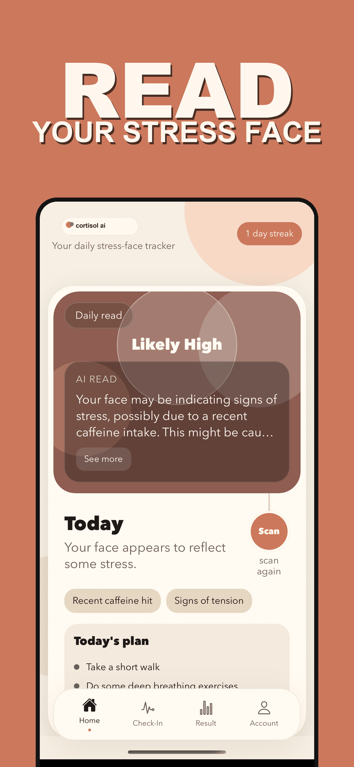 Cortisol AI landing screenshot showing the daily stress-face read.