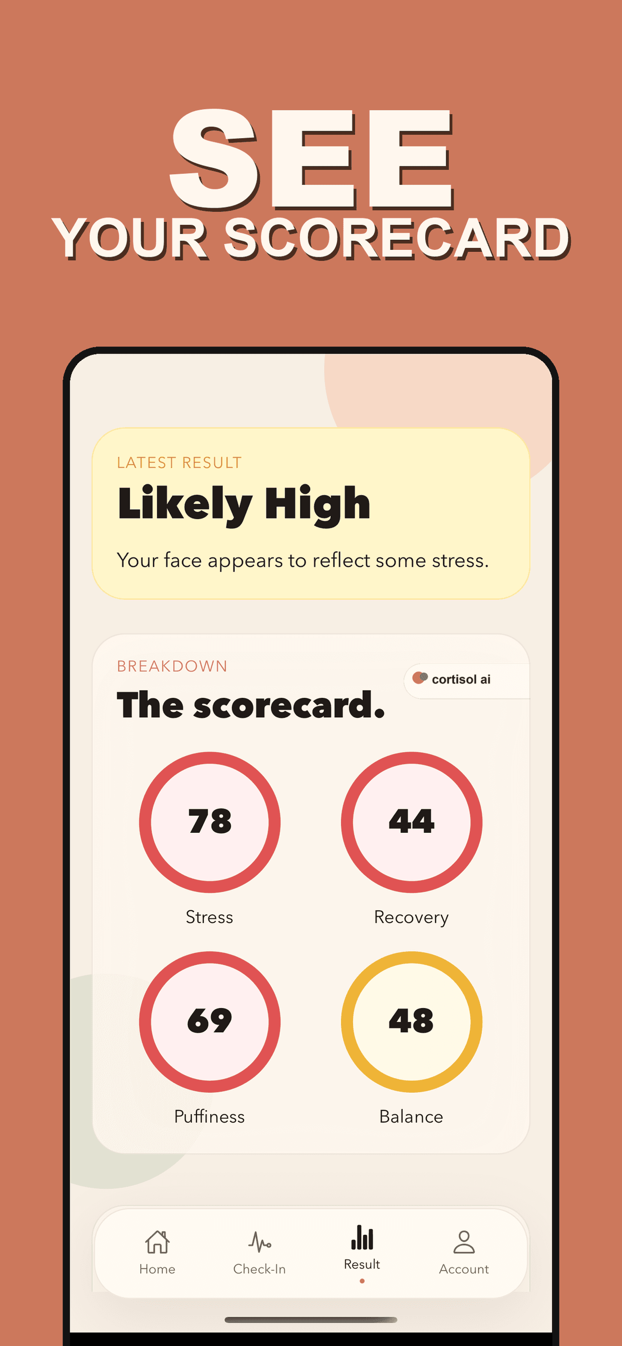 Cortisol AI scorecard screenshot with stress, recovery, puffiness, and balance rings.